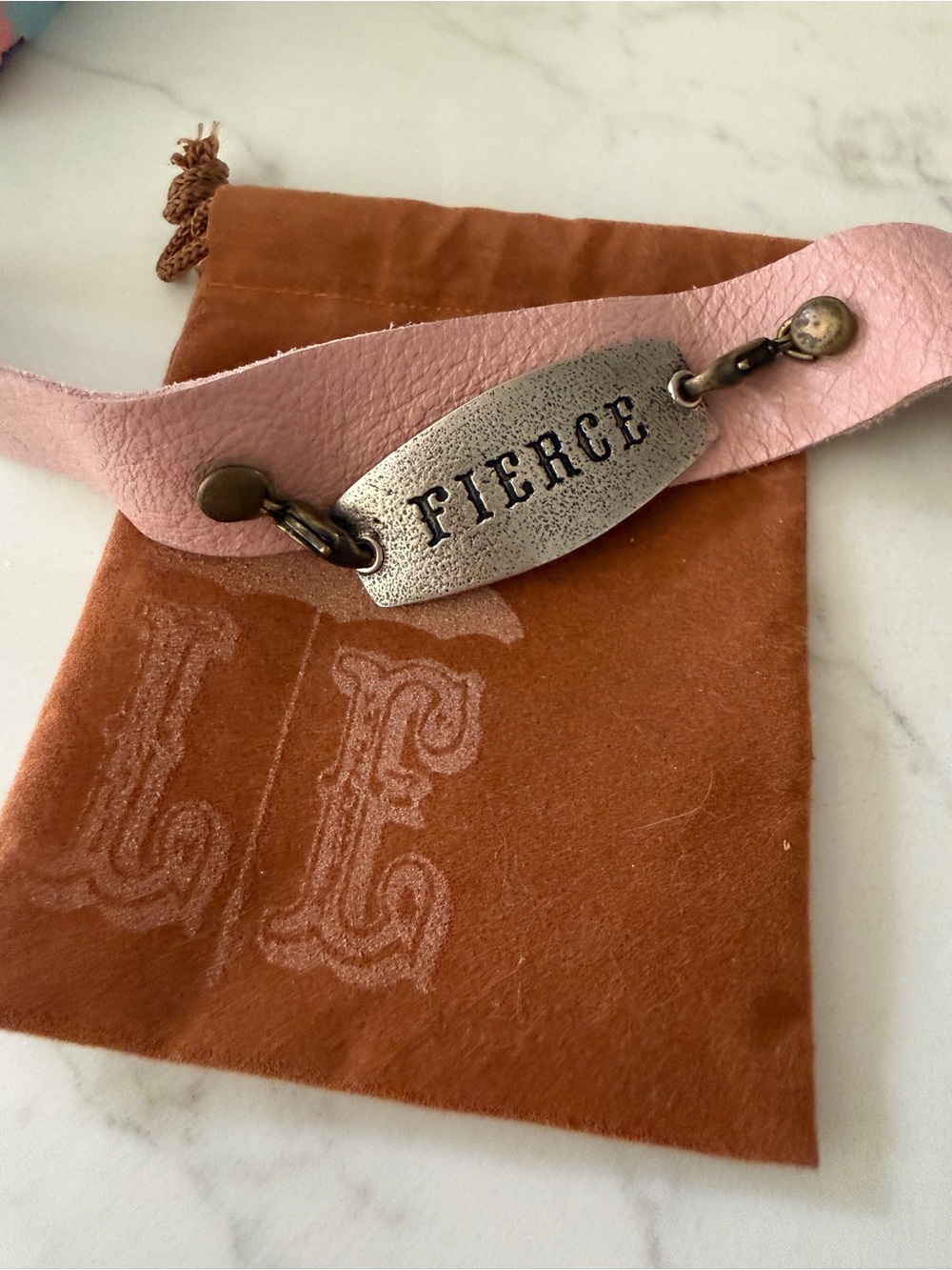 FIERCE Pink Leather Bracelet with Antique Plate